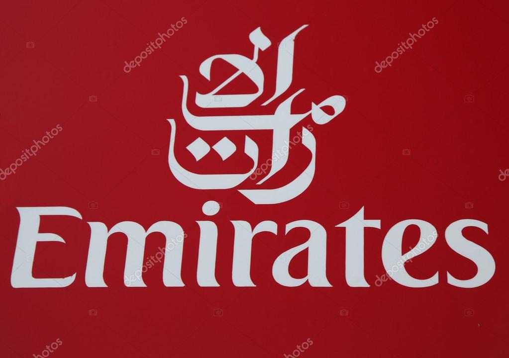 DUBAI, UAE - JANUARY 22, 2016: Emirates Airline logo on Airbus A380 plane at Dubai International  Airport