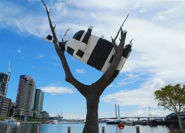 Ikonische skulptur "cow up a tree" von john kelly in docklands section in melbourne — Stockfoto