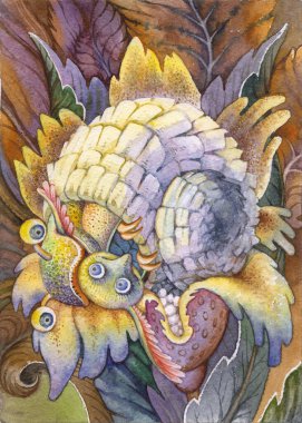 Muhteşem hayvani bir komplo. Üç nesnenin bileşimi. Böcek, salyangoz, çiçekler. Suluboya çizim. Çocuklar için İllüstrasyon.