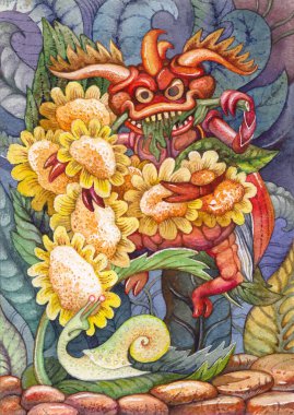 Muhteşem hayvani bir komplo. Üç nesnenin bileşimi. Böcek, salyangoz, çiçekler. Suluboya çizim. Çocuklar için İllüstrasyon.