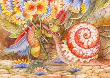 Muhteşem hayvani bir komplo. Üç nesnenin bileşimi. Böcek, salyangoz, çiçekler. Suluboya çizim. Çocuklar için İllüstrasyon.