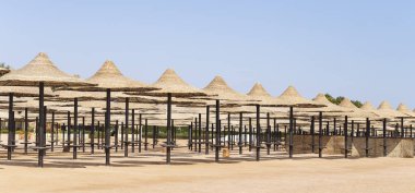 COVID 19 salgını sırasında Mısır 'da boş bir plaj. Kızıl Deniz kıyısı, insanların olmadığı bir dinlenme alanı..