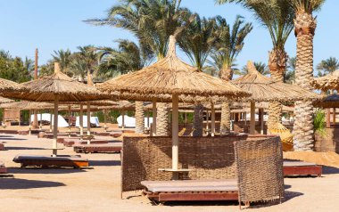 COVID 19 salgını sırasında Mısır 'da boş bir plaj. Kızıl Deniz kıyısı, insanların olmadığı bir dinlenme alanı..