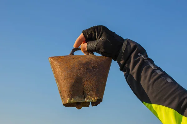 Old Bell Cattle Retro Style Antique Object Hand Blue Sky — Stock Photo, Image