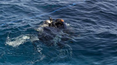 Turistler körfezde bir gemi gezisi sırasında dalışa giderler. Kızıl Deniz 'in resiflerine deniz gezileri.