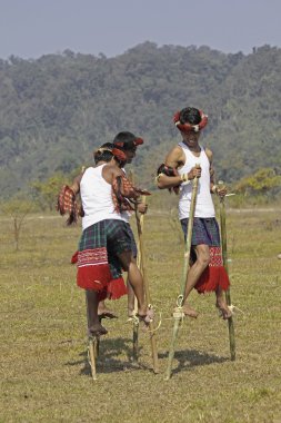 Namdapha Eko Kültür Festivali'nde bambu ayaklıklar oyunu oynayan nocte savaşçı kabileler; Miao; Arunachal Pradesh; Hindistan
