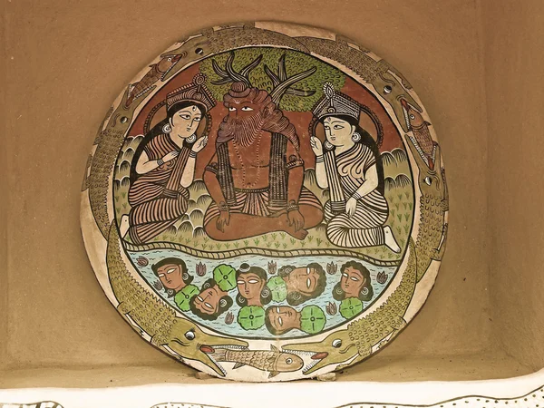Festmény Mítosz Ganga Durga Összecsapás Terrakotta Lemezek Jelennek Meg Múzeum — Stock Fotó
