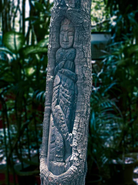 Figuur Van Yakshi Gesneden Een Boomstam Een Tuin Pune Maharashtra — Stockfoto