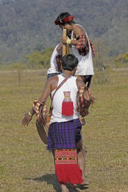 Namdapha Eko Kültür Festivali'nde bambu ayaklıklar oyunu oynayan nocte savaşçı kabileler; Miao; Arunachal Pradesh; Hindistan