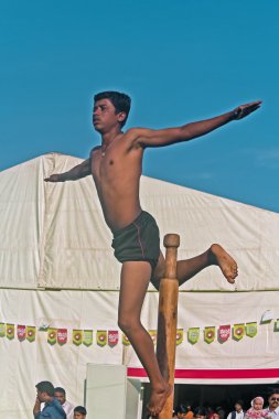 Mallakhamb, güreşçilerin Kusti oyununda yeteneklerini sergilemek için kullandıkları bir sırıktır, geleneksel bir Hint sporudur, bir jimnastikçi Hindistan 'ın dikey ahşap direğiyle performans sergiler ve poz verir.