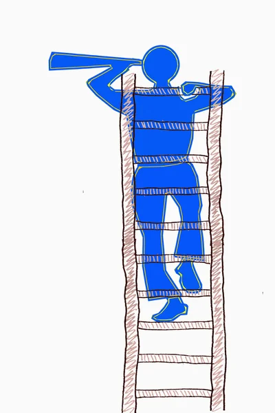 搜索概念，人爬到了梯子的顶端，回头 — 图库照片