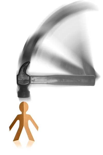Hamer raken een papier-Man, met motion blur — Stockfoto