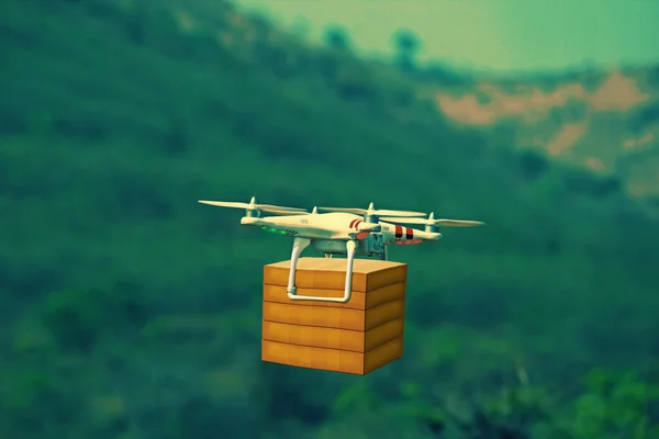 Air drone carrying carton box for fast delivery concept — Stock Photo, Image