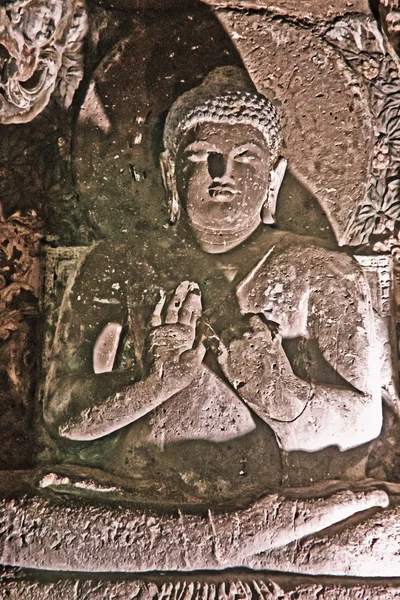 Ülő Buddha szobor Ajanta barlang No. 20, Aurangabad, Maharash — Stock Fotó