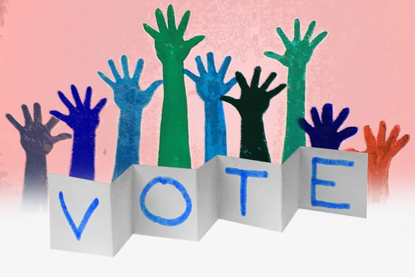 Mãos humanas levantadas com a palavra VOTE, Conceito — Fotografia de Stock