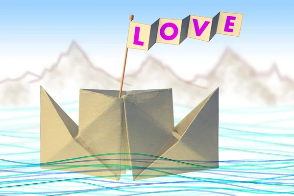 Origami papier boot met vlag schrijven Love — Stockfoto