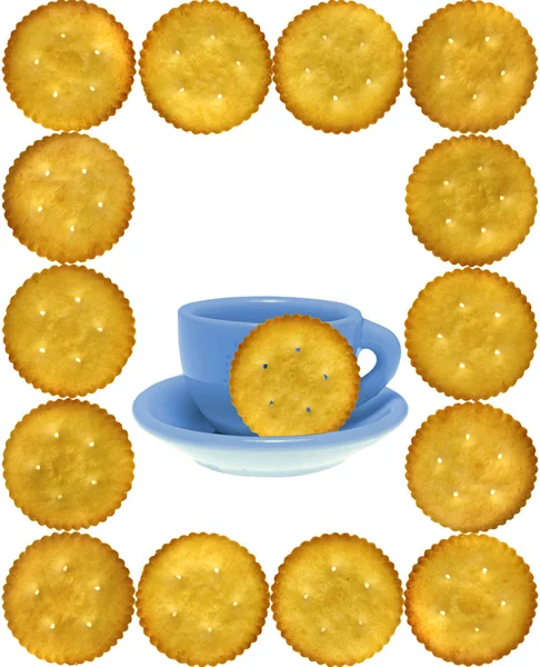 A cookie-kat, keksz, sós keksz, játék tea cup-sauc keret — Stock Fotó