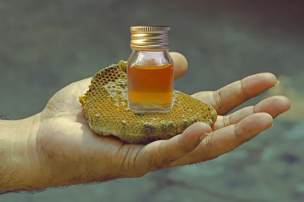 Honeycomb and honey in Bottle on Human hand — Stock Photo, Image