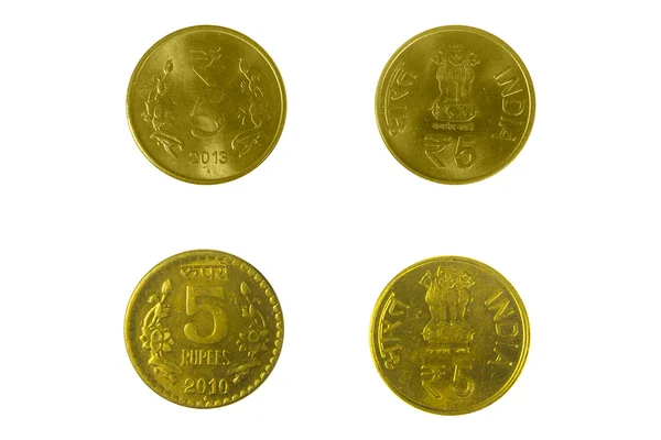Indiska 5 rupier mynt med olika mönster — Stockfoto