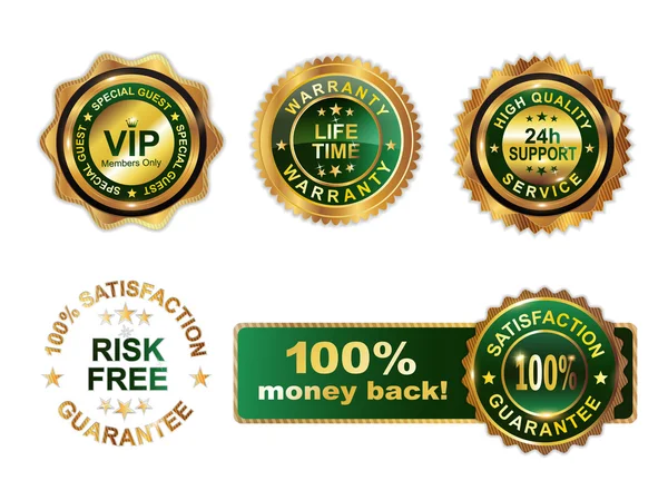 Garantie für goldene grüne Plaketten — Stockvektor