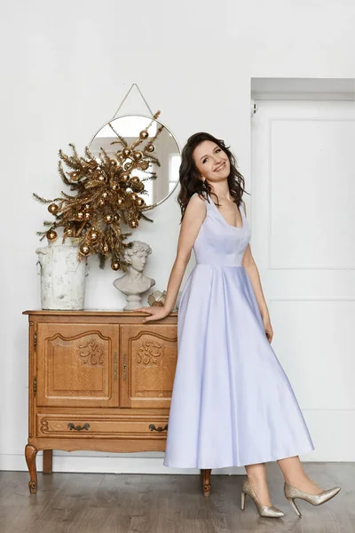 Menina modelo alegre em um vestido de noite rosa elegante e sapatos dourados posando em decorado para interior de Natal — Fotografia de Stock