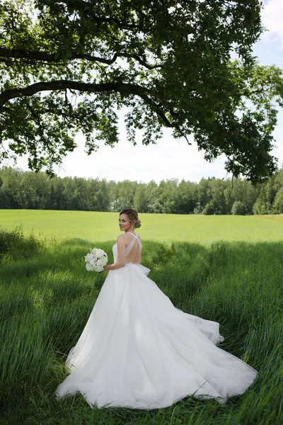 Jovem mulher em um vestido de noiva posando no prado no dia de verão — Fotografia de Stock