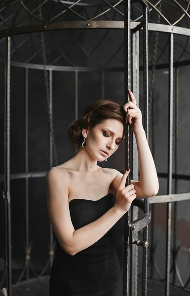 Ung kvinna med ljus kväll makeup i en svart klänning poserar nära stora fågelbur. En elegant dam med trendig coiffure i trendig klänning i den mörka interiören — Stockfoto