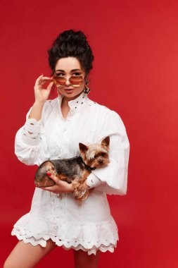 Şık güneş gözlüğü ve beyaz elbise giyen genç model kadın kırmızı arka planda bir Yorkshire teriyeri tutuyor.