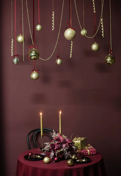 Christmas Holiday Home Decor Burgundy Style Gold Items — Stock Photo, Image