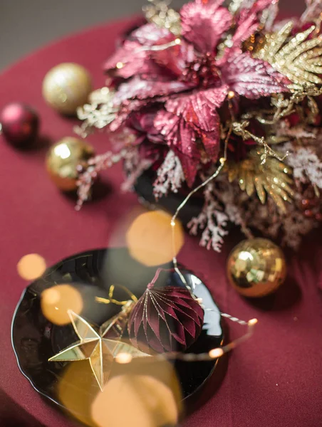 Christmas Holiday Home Decor Burgundy Style Gold Items — Stock Photo, Image