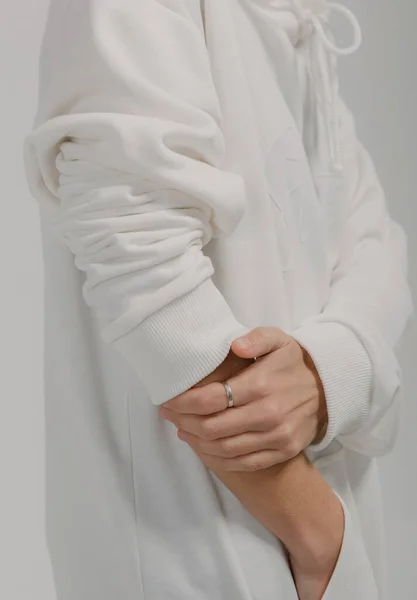 Sweatshirt Long Sleeves Female Hands Close Elastic Bands — Stock Photo, Image