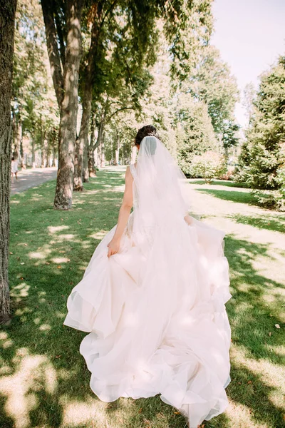 Νύφη Ευτυχία Τρέχει Swing Φόρεμα Μακρύ Πέπλο Έξω Από Πάρκο — Φωτογραφία Αρχείου