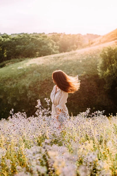 Girl Lawn Field Flowers Summer Landscape Sunset Light Stock Photo