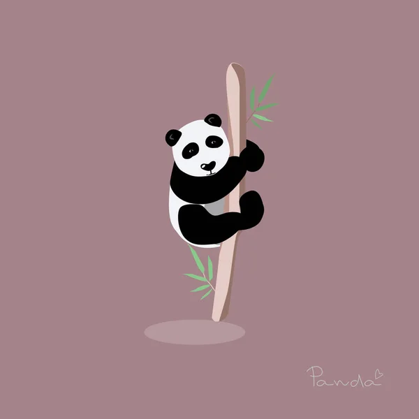 Dessin Animé Panda Bambou Branche Grimpe Drôle Regarde Vecteur Sur — Image vectorielle