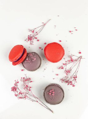 Beyaz sırtüstü izole edilmiş renkli badem kurabiyeleri.