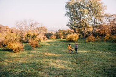 Sonbahar parkında mutlu bir aile hafta sonu. Ağaçlar sararmış.