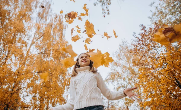 Niños Felices Juegan Parque Otoño Vomitan Licencia Caída — Foto de Stock