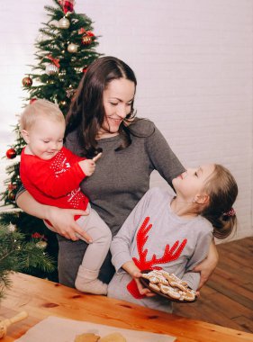 Anne ve kızları noel pastası pişiriyorlar. Yılbaşı pastası olan bir odada.