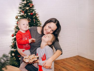 Anne ve kızları noel pastası pişiriyorlar. Yılbaşı pastası olan bir odada.