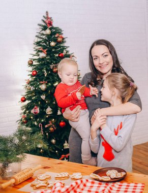 Anne ve kızları noel pastası pişiriyorlar. Yılbaşı pastası olan bir odada.