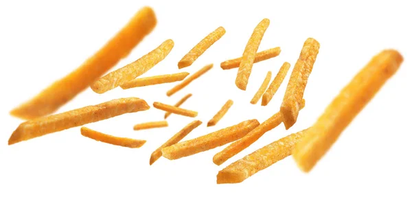 Batatas fritas levitar em um fundo branco — Fotografia de Stock