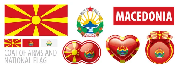 Conjunto de vectores del escudo de armas y la bandera nacional de Macedonia — Vector de stock