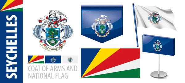 Conjunto de vectores del escudo de armas y la bandera nacional de Seychelles — Vector de stock