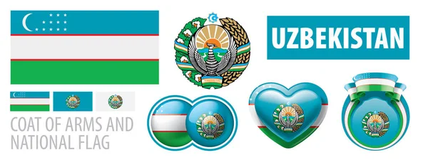 Conjunto vectorial del escudo de armas y la bandera nacional de Uzbekistán — Vector de stock