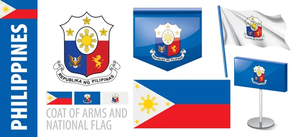 Vector set of the coat of arms and national flag of Philippines — Stock Vector