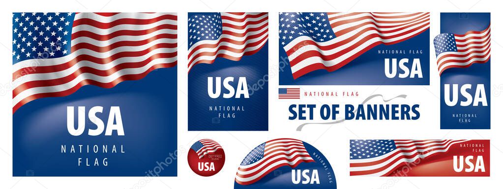 Vector set of banners with the national flag of the United States of America