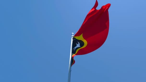 A bandeira nacional de Timor Leste está voando no vento contra um céu azul — Vídeo de Stock