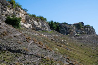 Bir evcil hayvan sürüsü Ukrayna 'nın Kırım Cumhuriyeti' ndeki Chufut-Kale mağarasının eteklerinde otluyor. Güneşli bir gün, 28 Eylül 2020.