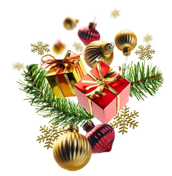 Christmas Decorations Gifts Levitate White Background — Stock Photo, Image