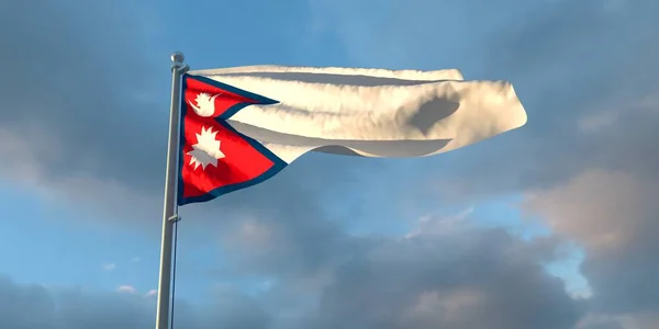 日落时分 在美丽的云彩衬托下 尼泊尔国旗在黄昏时分升起 — 图库照片